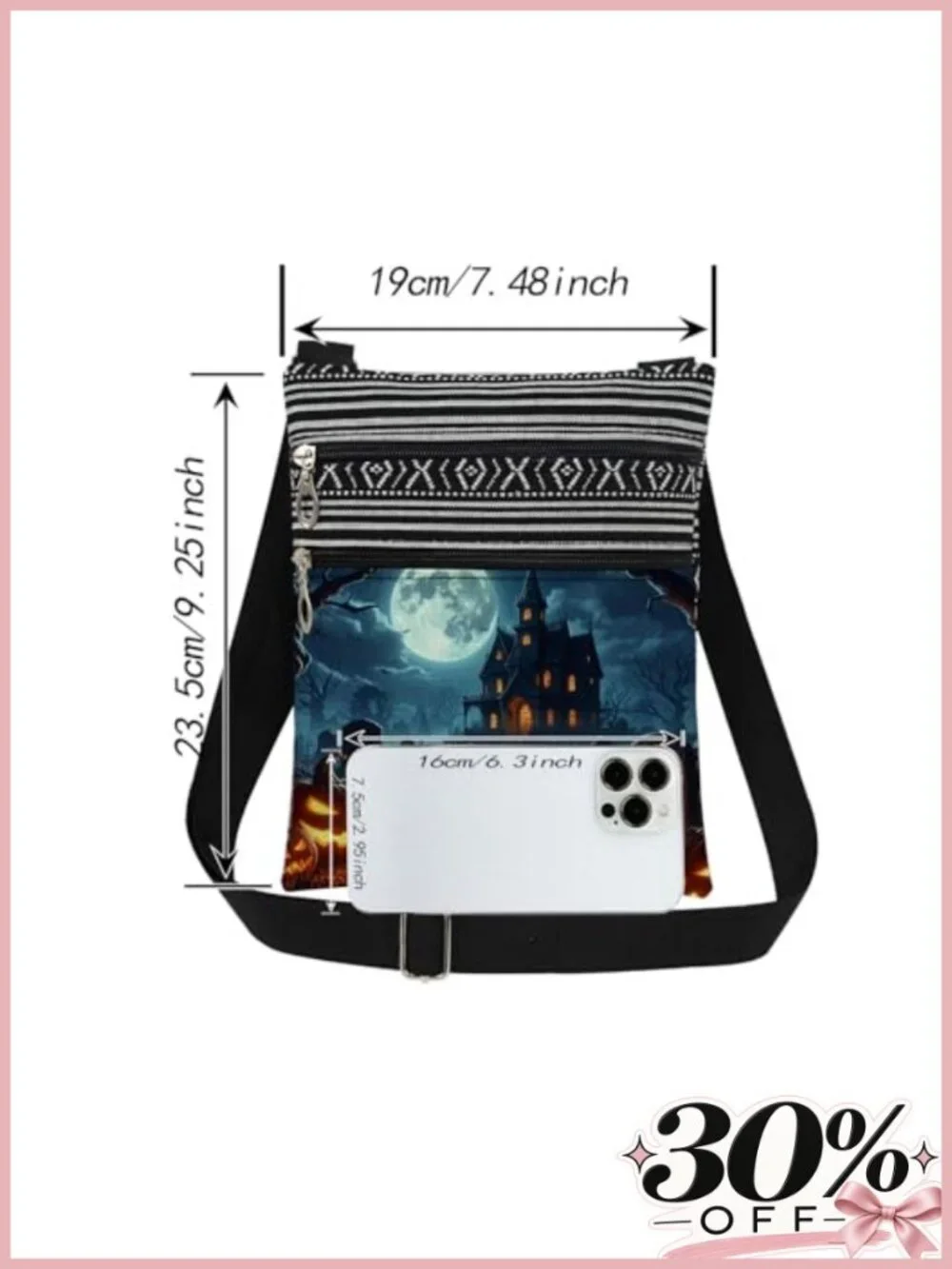 Halloween Crossbody Bag Black Cat Haunted Mansion Graveyard Full Moon Bats